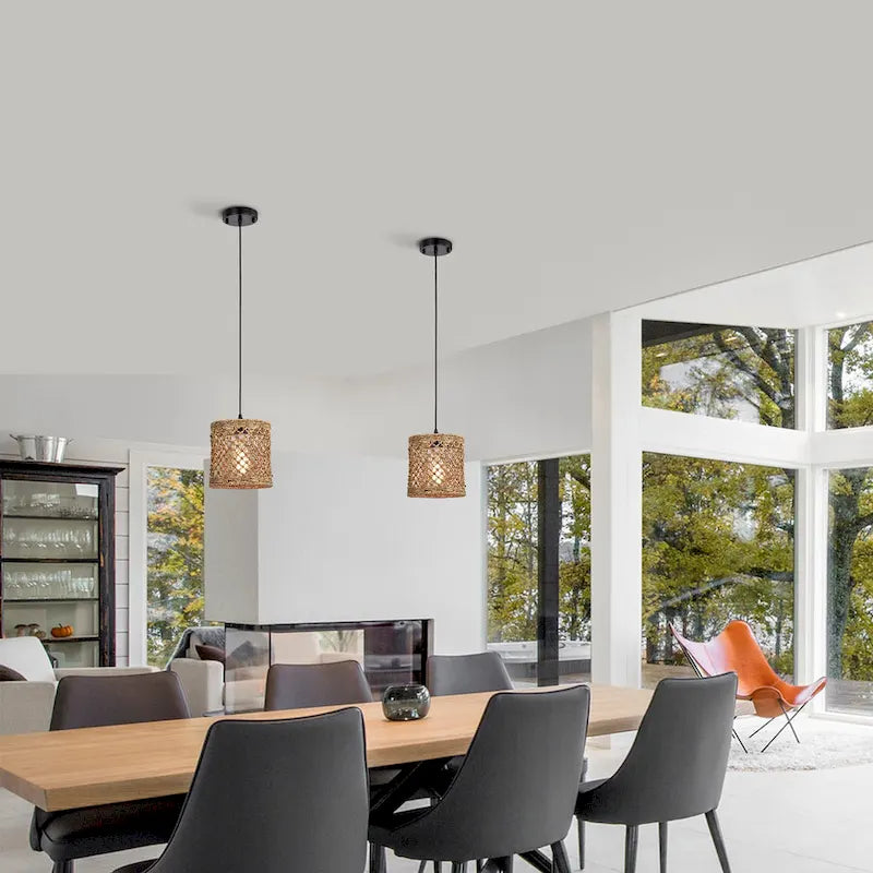 Suspension Shaun jaune foncé à 1 lumière en rotin, style tambour.