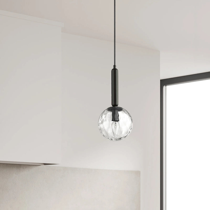 Suspension à incandescence à 1 lumière, noir mat avec verre martelé transparent