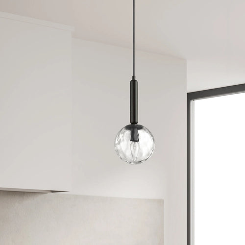 1 Light Incandescent Pendant, Matte Black with Clear Hammered Glass
