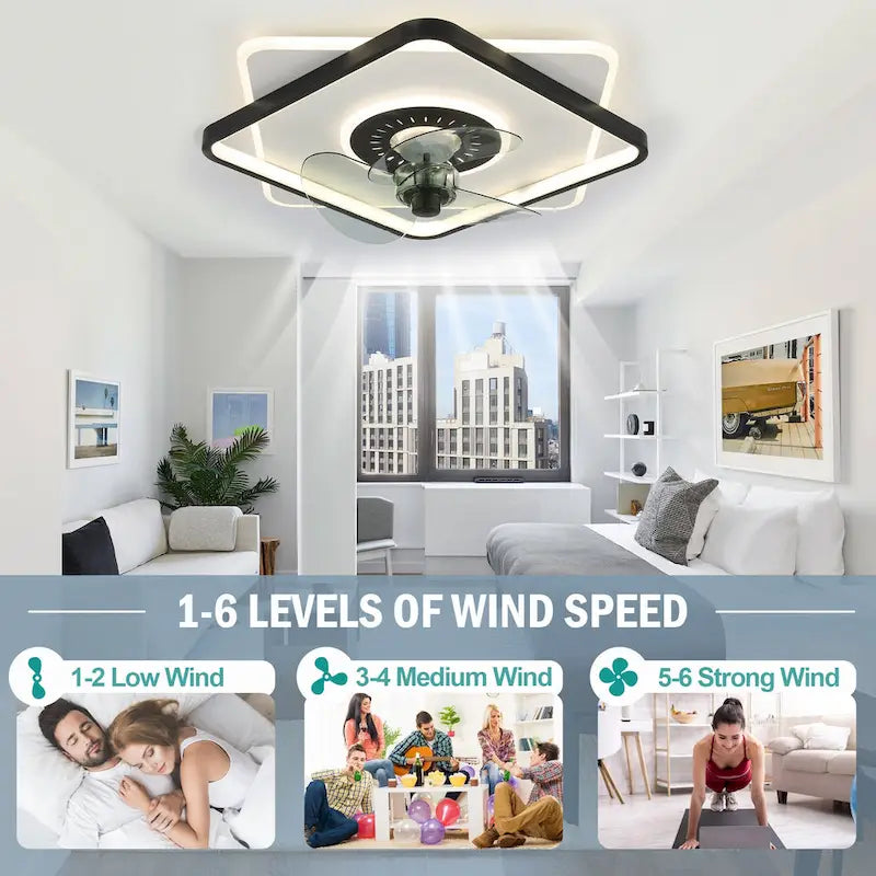 Ventilateur de plafond carré extra-plat Oaks Aura 51 cm avec éclairage, télécommande intégrée, pour chambre à coucher - Noir