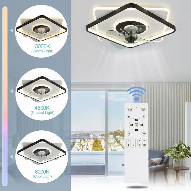 Ventilateur de plafond carré extra-plat Oaks Aura 51 cm avec éclairage, télécommande intégrée, pour chambre à coucher - Noir