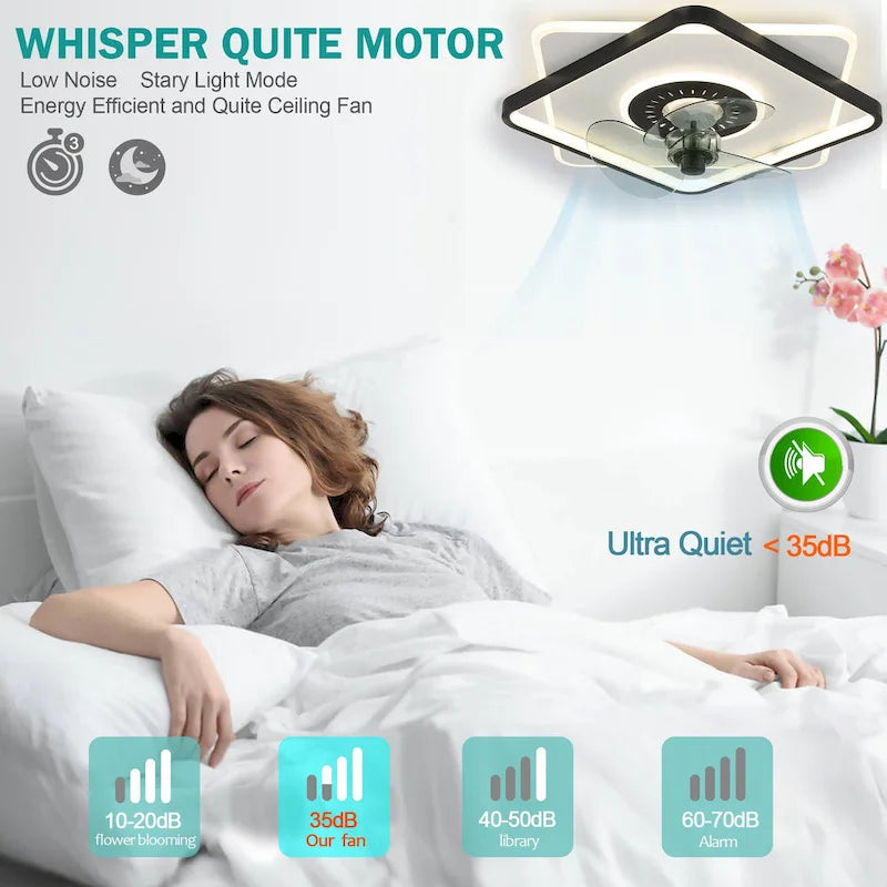 Ventilateur de plafond carré extra-plat Oaks Aura 51 cm avec éclairage, télécommande intégrée, pour chambre à coucher - Noir