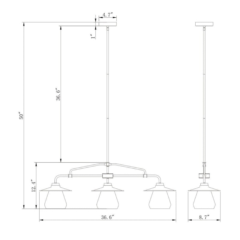 Lustre linéaire Temet noir mat à 3 lampes avec abat-jour en verre à capuchon