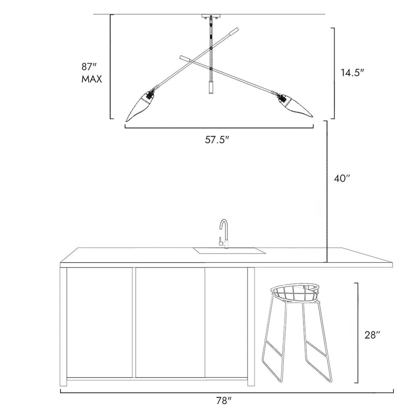 Lustre linéaire moderne unique à 2 lumières, noir et or, en métal, pour îlot de salle à manger - L 58 x l 4,4 x H 14