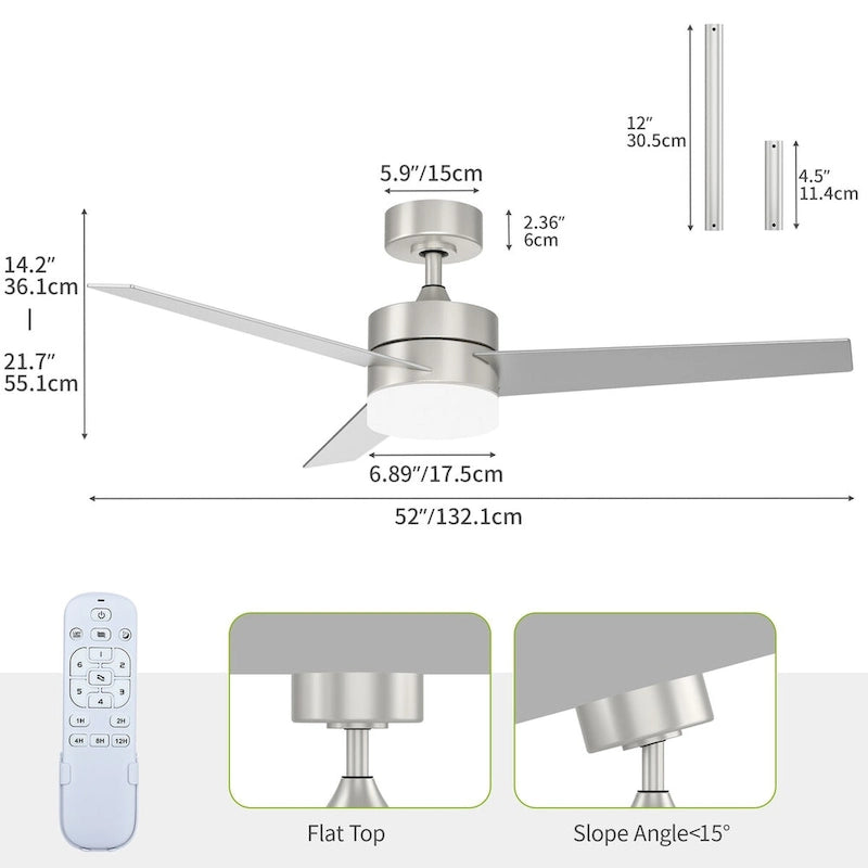 Ventilateur de plafond moderne avec éclairage LED réglable et télécommande, 3 pales - 52