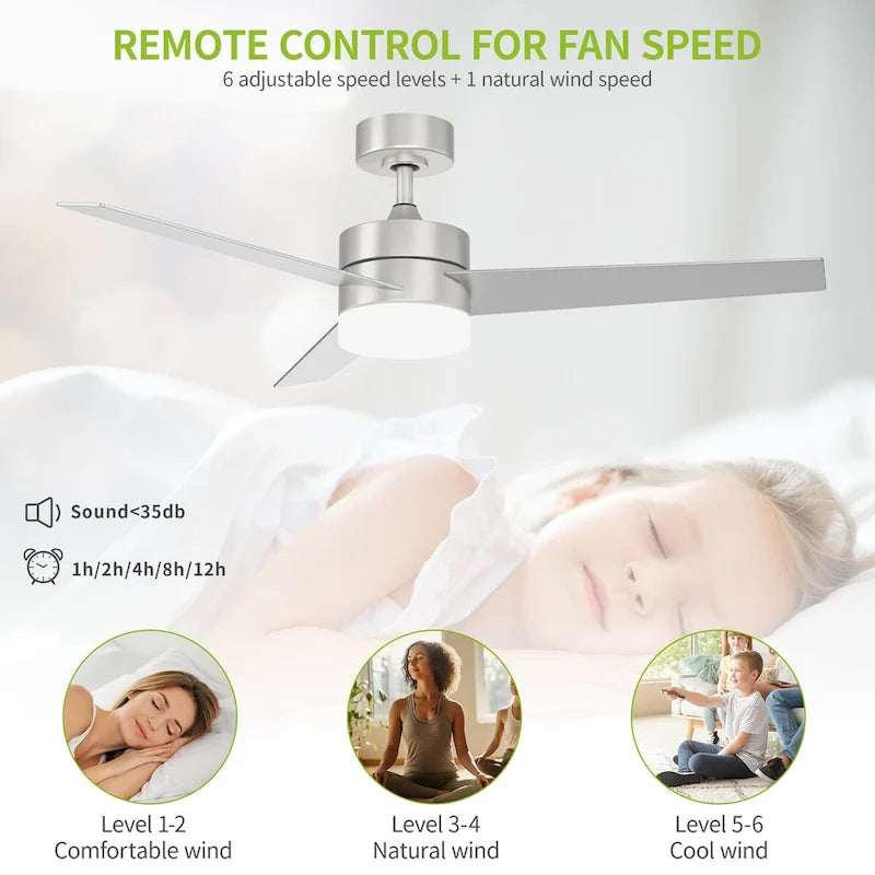 Ventilateur de plafond moderne avec éclairage LED réglable et télécommande, 3 pales - 52