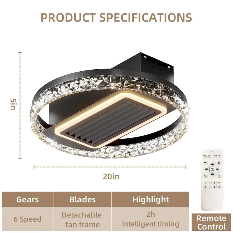 Ventilateur de plafond moderne sans pales de 50 cm (20 pouces) avec télécommande, moteur amovible et lavable, réversible